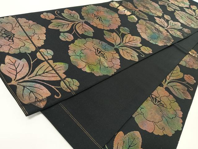 平和屋着物◎六通柄　本袋帯　草花文　黒地　正絹　逸品　CABJ7613nb