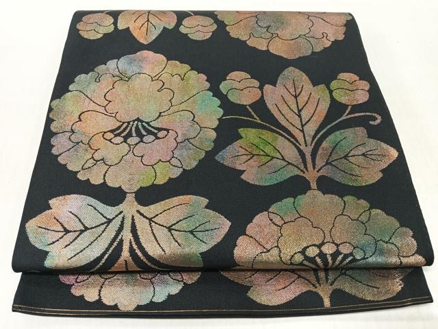 平和屋着物◎六通柄　本袋帯　草花文　黒地　正絹　逸品　CABJ7613nb