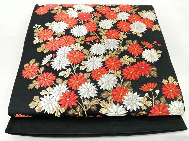平和屋着物◎六通柄袋帯　唐織　枝菊文　黒地　金銀糸　正絹　逸品　CABJ7614nb