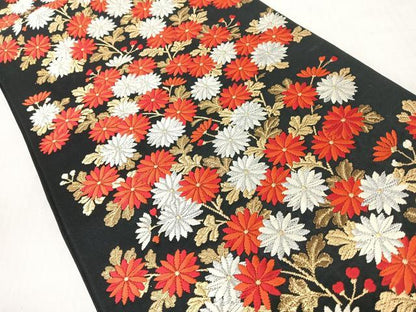 平和屋着物◎六通柄袋帯　唐織　枝菊文　黒地　金銀糸　正絹　逸品　CABJ7614nb