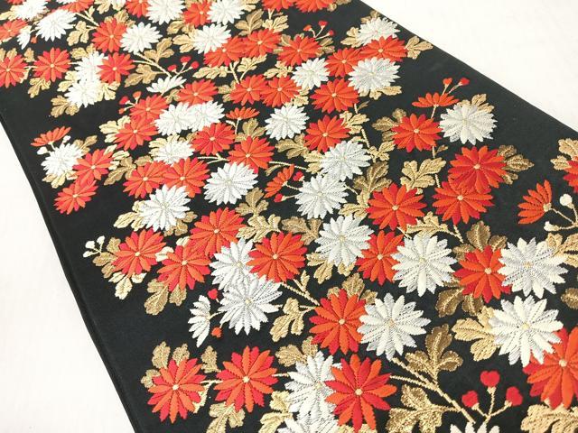 平和屋着物◎六通柄袋帯　唐織　枝菊文　黒地　金銀糸　正絹　逸品　CABJ7614nb