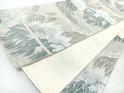 平和屋着物◎六通柄袋帯　遠山風景文　銀糸　正絹　逸品　CABJ7615nb
