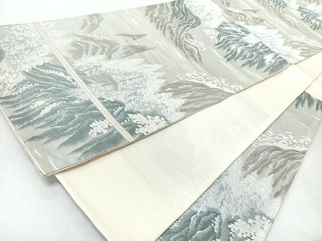 平和屋着物◎六通柄袋帯　遠山風景文　銀糸　正絹　逸品　CABJ7615nb