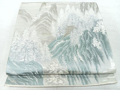 平和屋着物◎六通柄袋帯　遠山風景文　銀糸　正絹　逸品　CABJ7615nb