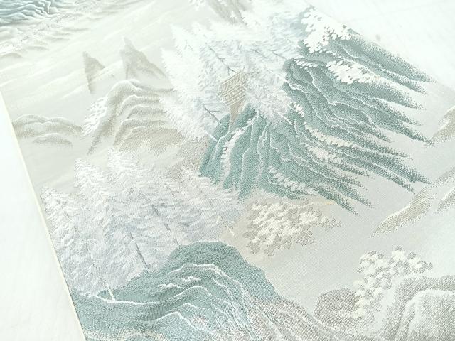 平和屋着物◎六通柄袋帯　遠山風景文　銀糸　正絹　逸品　CABJ7615nb