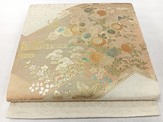 平和屋着物◎太鼓柄袋帯　草花文　金彩　正絹　逸品　CABJ7621nb
