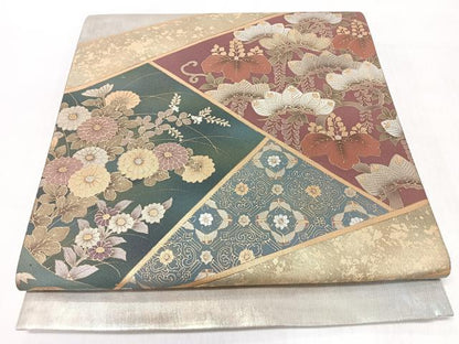 平和屋着物◎太鼓柄袋帯　草花文　金彩　引箔　正絹　逸品　CABJ7622nb