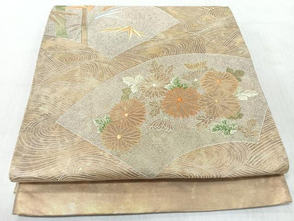 平和屋着物◎太鼓柄袋帯　刺繍　流水地紙草花文　正絹　逸品　CABJ7624nb