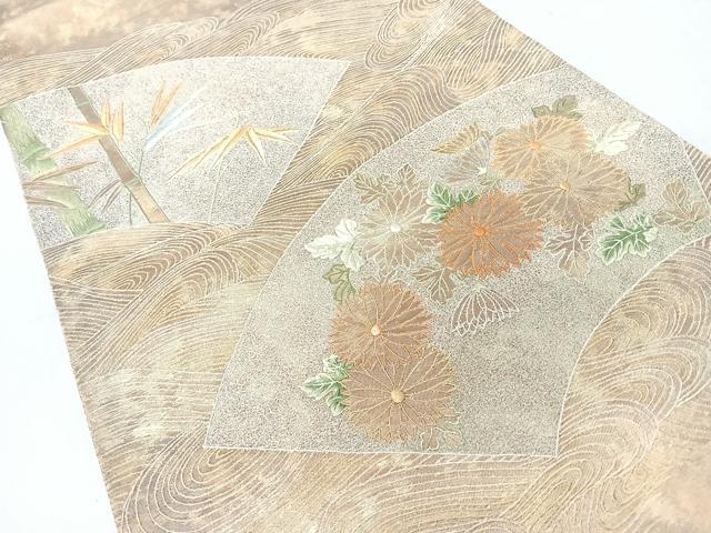 平和屋着物◎太鼓柄袋帯　刺繍　流水地紙草花文　正絹　逸品　CABJ7624nb