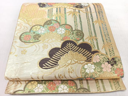 平和屋着物◎六通柄袋帯　流水松竹花唐草文　金糸　正絹　逸品　CABJ7627nb