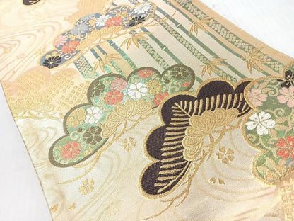 平和屋着物◎六通柄袋帯　流水松竹花唐草文　金糸　正絹　逸品　CABJ7627nb