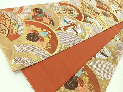 平和屋着物◎全通柄袋帯　唐織　青海波向かい鳥花文　金銀糸　正絹　逸品　CABJ7635nb