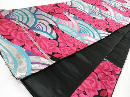 平和屋着物◎六通柄袋帯　青海波舞花文　黒地　銀糸　正絹　逸品　CABJ7637nb