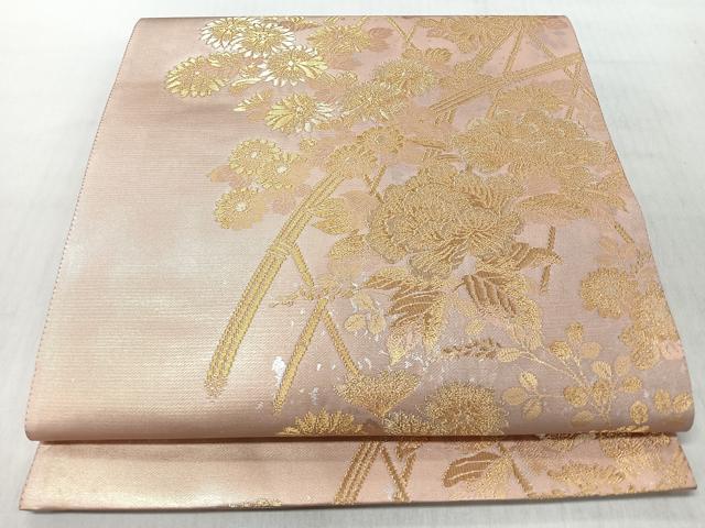 平和屋着物◎六通柄袋帯　蒔絵光悦垣草花文　金糸　引箔　正絹　逸品　CABJ7644nb