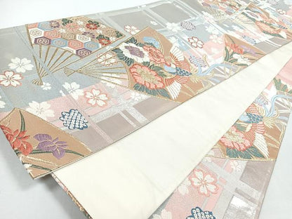 平和屋着物◎六通柄袋帯　唐織　扇面花鳥文　金銀糸　正絹　逸品　CABJ7647nb