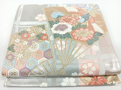 平和屋着物◎六通柄袋帯　唐織　扇面花鳥文　金銀糸　正絹　逸品　CABJ7647nb