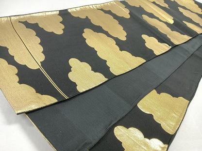 平和屋着物◎六通柄袋帯　雲取り文様　黒地　金糸　正絹　逸品　CABJ7648nb