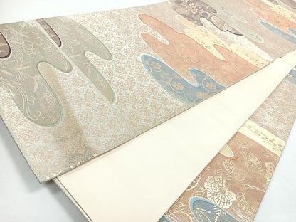 平和屋着物◎六通柄袋帯　霞重流水文　金糸　正絹　逸品　CABJ7651nb