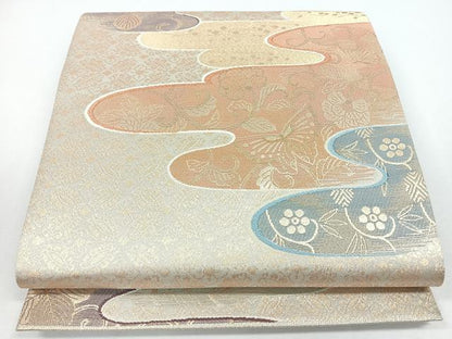 平和屋着物◎六通柄袋帯　霞重流水文　金糸　正絹　逸品　CABJ7651nb