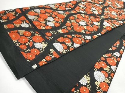 平和屋着物◎六通柄袋帯　唐織　立涌菊文　黒地　金銀糸　正絹　逸品　CABJ7656nb