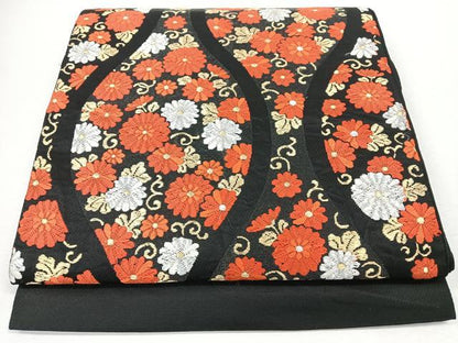 平和屋着物◎六通柄袋帯　唐織　立涌菊文　黒地　金銀糸　正絹　逸品　CABJ7656nb