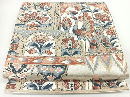 平和屋着物◎六通柄袋帯　更紗花鳥文　金糸　正絹　逸品　CABJ7657nb