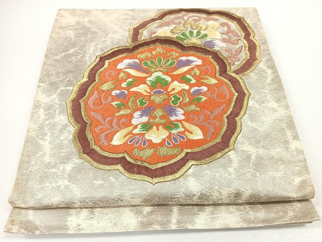平和屋着物◎太鼓柄袋帯　総刺繍　更紗花文　金糸　正絹　逸品　CABJ7660nb