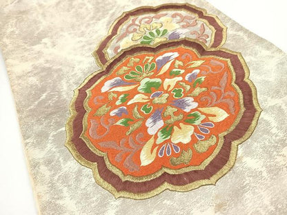 平和屋着物◎太鼓柄袋帯　総刺繍　更紗花文　金糸　正絹　逸品　CABJ7660nb