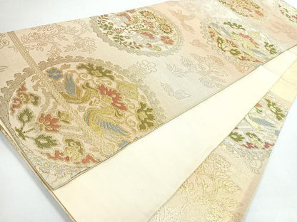 平和屋着物◎六通柄袋帯　向かい動物花唐草文　金銀糸　正絹　逸品　CABJ7664nb