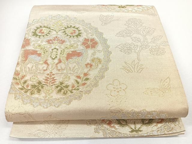 平和屋着物◎六通柄袋帯　向かい動物花唐草文　金銀糸　正絹　逸品　CABJ7664nb