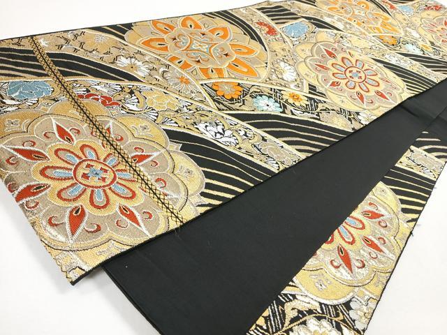 平和屋着物◎六通柄袋帯　正倉院花文　黒地　金糸　正絹　逸品　CABJ7666nb