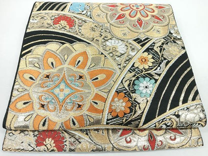 平和屋着物◎六通柄袋帯　正倉院花文　黒地　金糸　正絹　逸品　CABJ7666nb
