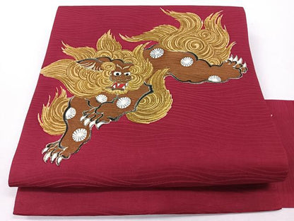 平和屋着物■アンティーク　大正ロマン　九寸名古屋帯　手描き　唐獅子　金糸　正絹　逸品　CABJ7674nb