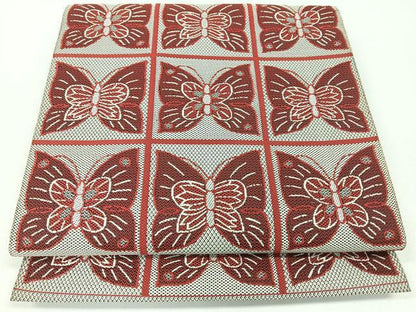平和屋着物◎八寸名古屋帯　格子舞蝶文　銀糸　正絹　逸品　CABJ7675nb