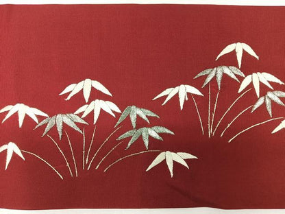平和屋着物◎九寸名古屋帯　総刺繍　笹竹文　銀糸　正絹　逸品　CABJ7676nb