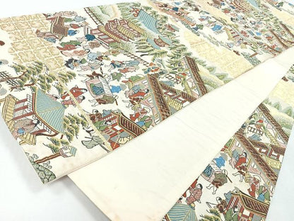 平和屋着物◎六通柄袋帯　人物風景文　金糸　正絹　逸品　CABJ7678nb