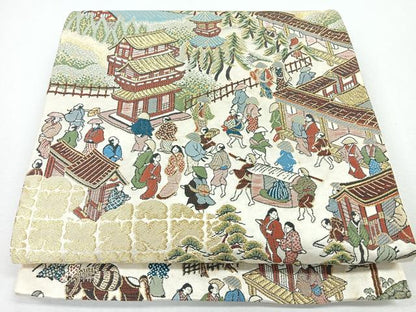 平和屋着物◎六通柄袋帯　人物風景文　金糸　正絹　逸品　CABJ7678nb