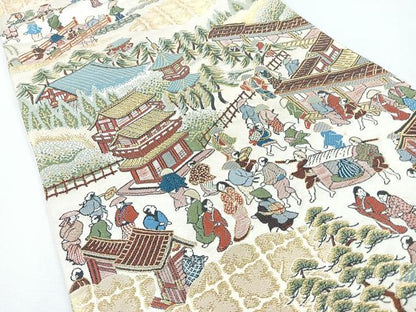 平和屋着物◎六通柄袋帯　人物風景文　金糸　正絹　逸品　CABJ7678nb