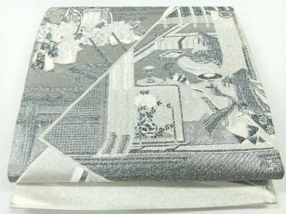 平和屋着物◎六通柄袋帯　人物風景文　銀糸　正絹　逸品　CABJ7683nb