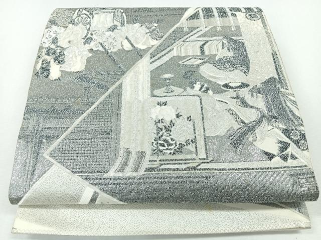 平和屋着物◎六通柄袋帯　人物風景文　銀糸　正絹　逸品　CABJ7683nb