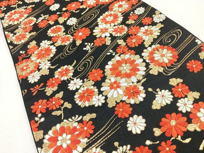 平和屋着物◎六通柄袋帯　唐織　大宮どんす　流水舞花文　黒地　金糸　正絹　逸品　CABJ7688nb