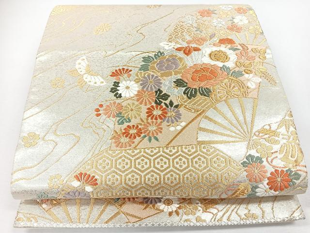 平和屋着物◎六通柄袋帯　唐織　扇面花車舞蝶文　金銀糸　正絹　逸品　未使用　CABJ7689nb