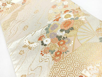 平和屋着物◎六通柄袋帯　唐織　扇面花車舞蝶文　金銀糸　正絹　逸品　未使用　CABJ7689nb