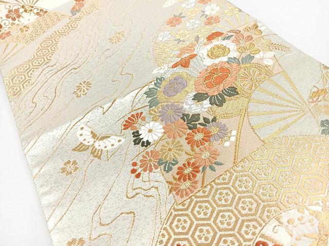 平和屋着物◎六通柄袋帯　唐織　扇面花車舞蝶文　金銀糸　正絹　逸品　未使用　CABJ7689nb