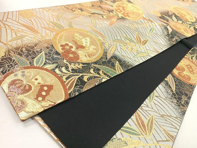 平和屋着物◎六通柄袋帯　流水笹竹舞蝶文　金銀糸　正絹　逸品　CABJ7692nb