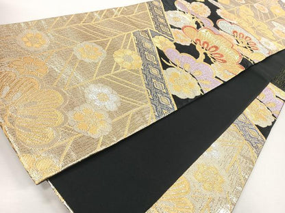 平和屋着物◎六通柄袋帯　梅　松　黒地　金銀糸　正絹　逸品　未使用　CABJ7698nb