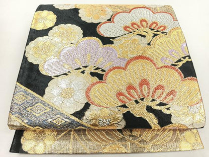 平和屋着物◎六通柄袋帯　梅　松　黒地　金銀糸　正絹　逸品　未使用　CABJ7698nb