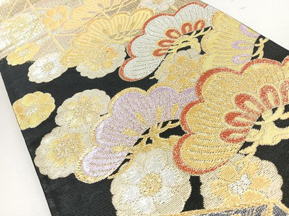 平和屋着物◎六通柄袋帯　梅　松　黒地　金銀糸　正絹　逸品　未使用　CABJ7698nb