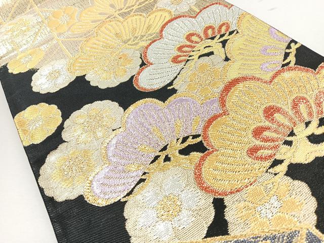 平和屋着物◎六通柄袋帯　梅　松　黒地　金銀糸　正絹　逸品　未使用　CABJ7698nb