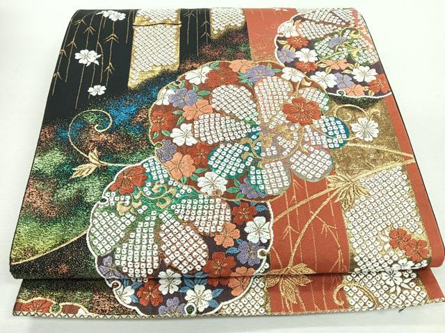平和屋着物◎六通柄袋帯　唐織　雪輪花唐草文　竹　黒地　金糸　正絹　逸品　CABJ7703nb